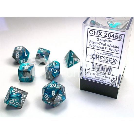 CHX 26456 - SET 7 DADI POLIEDRICI GEMINI - STEEL-TEAL/WHITE