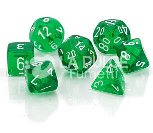 CHX 20375 - SET 7 DADI POLIEDRICI MINI TRANSLUCENT - GREEN/WHITE