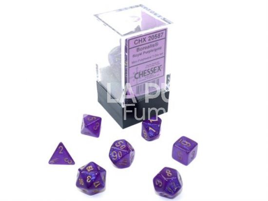 CHX 20587 - SET 7 DADI POLIEDRICI MINI BOREALIS - ROYAL PURPLE/GOLD - LUMINARY